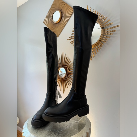 ZARA - Black Over The Knee Lug Sole Boots - Picture 4 of 9